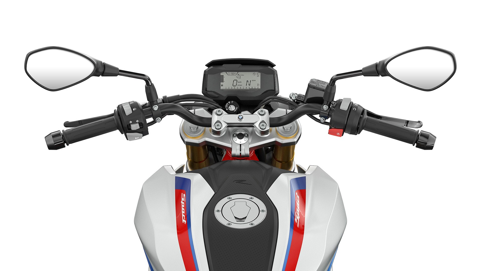 We see the handlebar and control elements of the G 310 R.