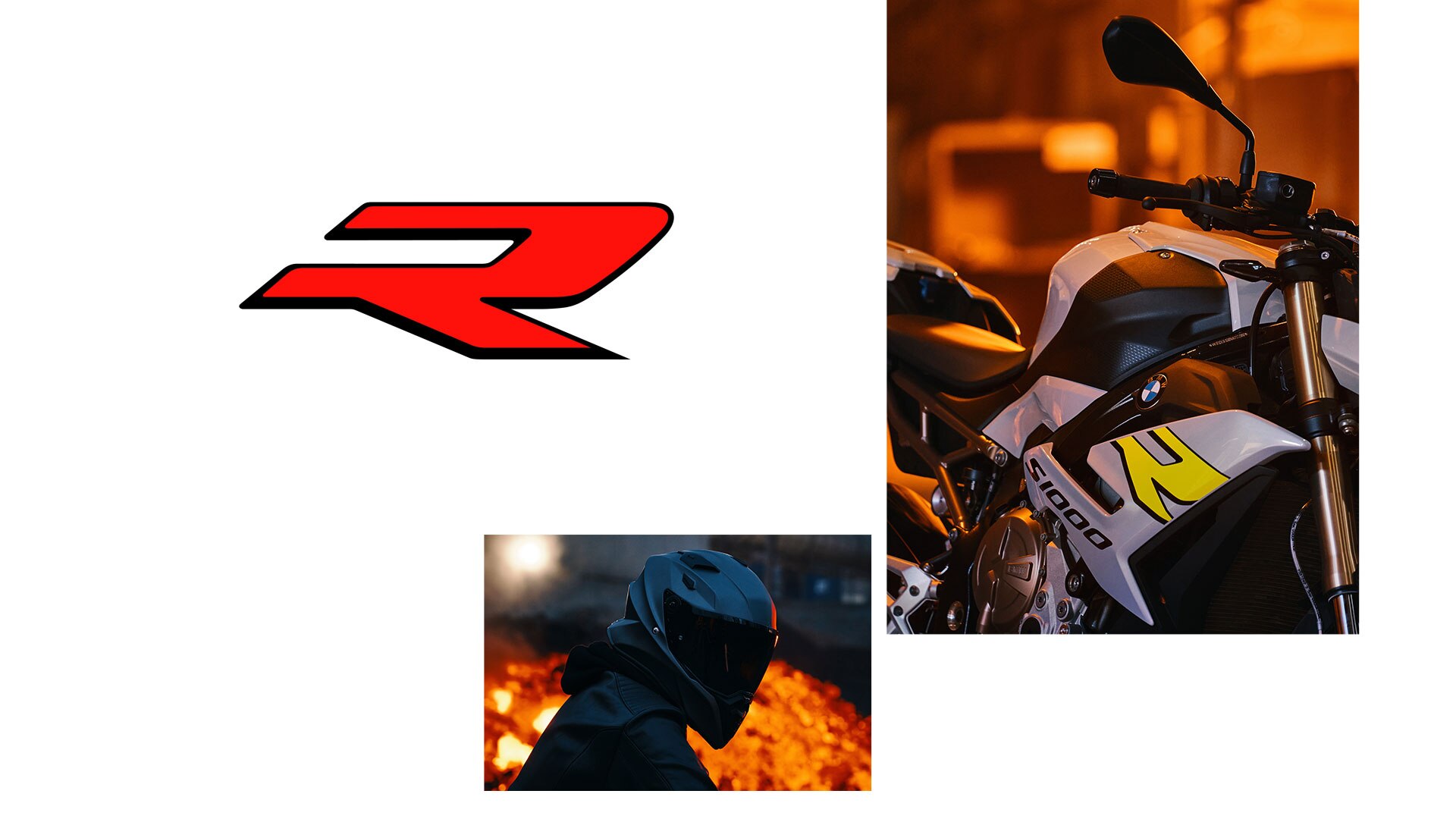 We see a collage of the S 1000 R in Hockenheim Silver with three individual pictures consisting of a side view, a view of the R side fairing and the rider.